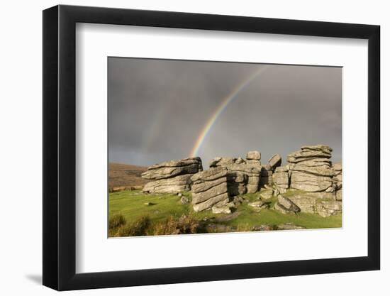 Double rainbow at Combestone Tor, Dartmoor NP, Devon-Ross Hoddinott-Framed Photographic Print