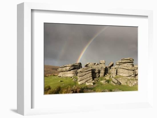 Double rainbow at Combestone Tor, Dartmoor NP, Devon-Ross Hoddinott-Framed Photographic Print