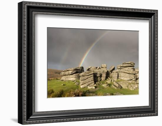 Double rainbow at Combestone Tor, Dartmoor NP, Devon-Ross Hoddinott-Framed Photographic Print