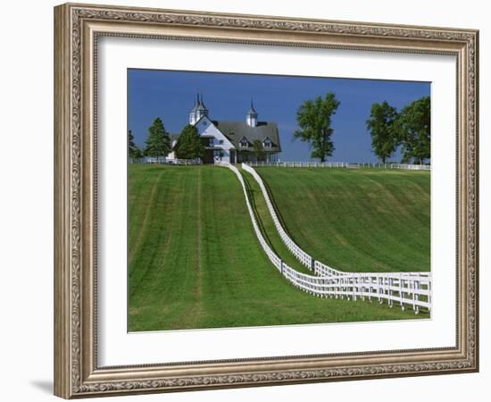 Double White Fence Flows from an Elegant Horse Barn, Woodford County, Kentucky, USA-Dennis Flaherty-Framed Photographic Print