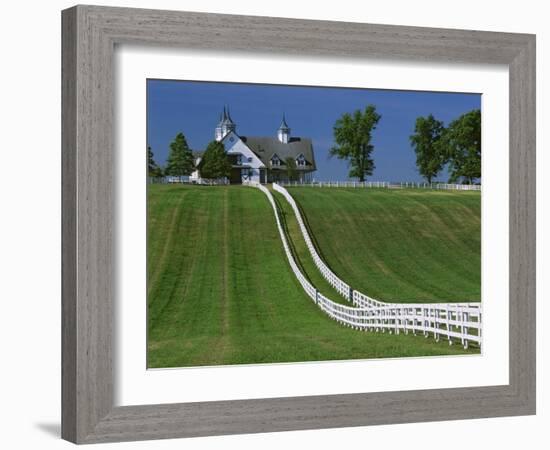 Double White Fence Flows from an Elegant Horse Barn, Woodford County, Kentucky, USA-Dennis Flaherty-Framed Photographic Print