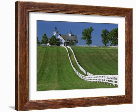 Double White Fence Flows from an Elegant Horse Barn, Woodford County, Kentucky, USA-Dennis Flaherty-Framed Photographic Print