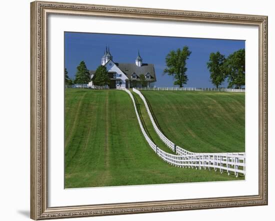 Double White Fence Flows from an Elegant Horse Barn, Woodford County, Kentucky, USA-Dennis Flaherty-Framed Photographic Print