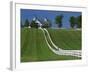 Double White Fence Flows from an Elegant Horse Barn, Woodford County, Kentucky, USA-Dennis Flaherty-Framed Photographic Print