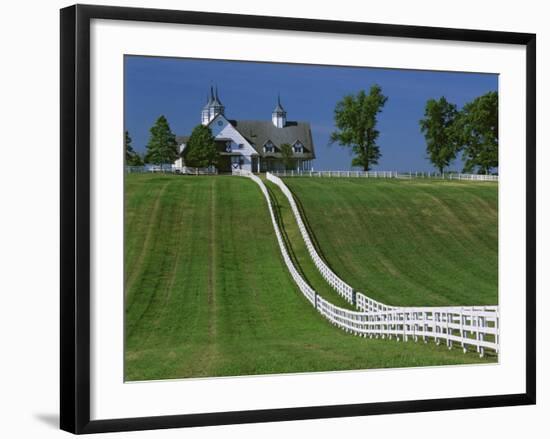 Double White Fence Flows from an Elegant Horse Barn, Woodford County, Kentucky, USA-Dennis Flaherty-Framed Photographic Print