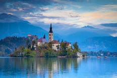 Bled Island with the Church of the Assumption and Bled Castle Illuminated at Dusk, Lake Bled-Doug Pearson-Photographic Print