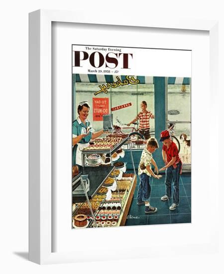 "Doughnuts for Loose Change" Saturday Evening Post Cover, March 29, 1958-Ben Kimberly Prins-Framed Giclee Print