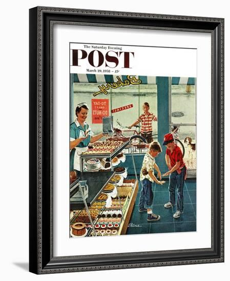 "Doughnuts for Loose Change" Saturday Evening Post Cover, March 29, 1958-Ben Kimberly Prins-Framed Giclee Print