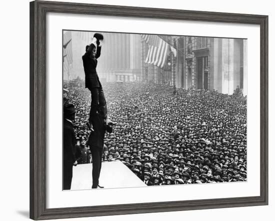 Douglas Fairbanks and Charlie Chaplin in Front of Crowd to Promote Liberty Bonds, New York City-null-Framed Premium Photographic Print