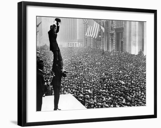 Douglas Fairbanks and Charlie Chaplin in Front of Crowd to Promote Liberty Bonds, New York City-null-Framed Premium Photographic Print