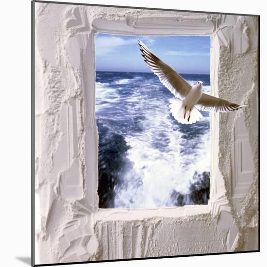 Dove Flying Toward Camera Through Plaster Frame with Ocean Waves in Background-null-Mounted Photographic Print