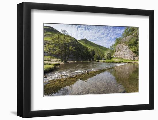 Dovedale Reflections, Hikers on Stepping Stones and Thorpe Cloud, Limestone Gorge in Spring-Eleanor Scriven-Framed Photographic Print