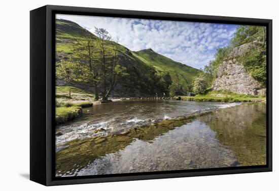 Dovedale Reflections, Hikers on Stepping Stones and Thorpe Cloud, Limestone Gorge in Spring-Eleanor Scriven-Framed Premier Image Canvas