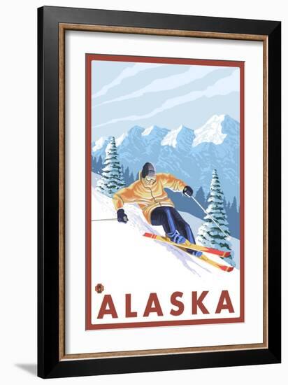 Downhhill Snow Skier, Alaska-Lantern Press-Framed Art Print