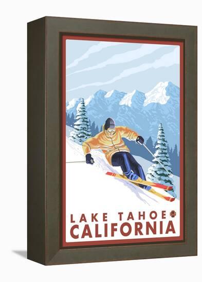 Downhhill Snow Skier, Lake Tahoe, California-Lantern Press-Framed Stretched Canvas