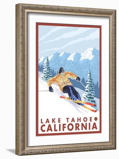 Downhhill Snow Skier, Lake Tahoe, California-Lantern Press-Framed Art Print