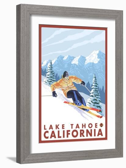 Downhhill Snow Skier, Lake Tahoe, California-Lantern Press-Framed Art Print