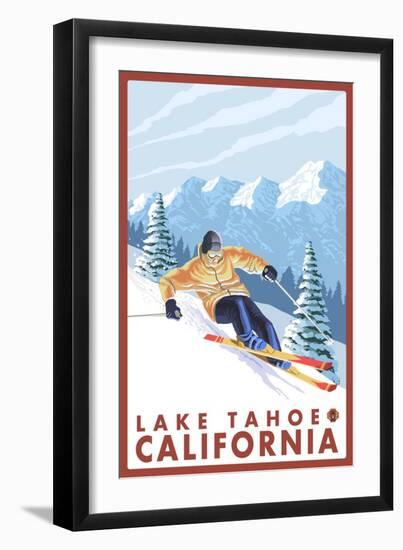 Downhhill Snow Skier, Lake Tahoe, California-Lantern Press-Framed Art Print