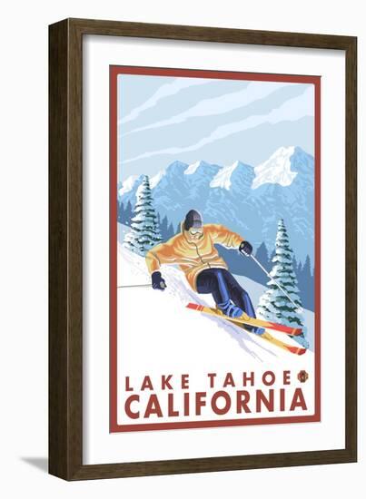 Downhhill Snow Skier, Lake Tahoe, California-Lantern Press-Framed Premium Giclee Print