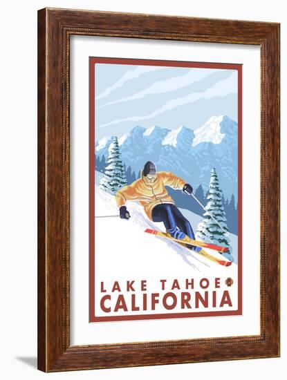 Downhhill Snow Skier, Lake Tahoe, California-Lantern Press-Framed Premium Giclee Print
