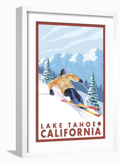 Downhhill Snow Skier, Lake Tahoe, California-Lantern Press-Framed Premium Giclee Print