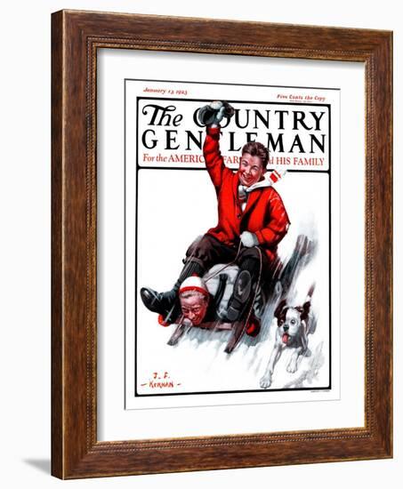 "Downhill on Sled," Country Gentleman Cover, January 13, 1923-J.F. Kernan-Framed Giclee Print