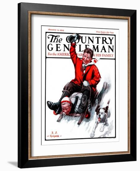 "Downhill on Sled," Country Gentleman Cover, January 13, 1923-J.F. Kernan-Framed Giclee Print