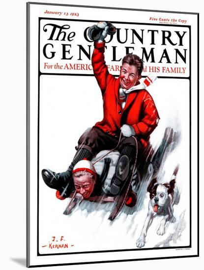 "Downhill on Sled," Country Gentleman Cover, January 13, 1923-J.F. Kernan-Mounted Giclee Print