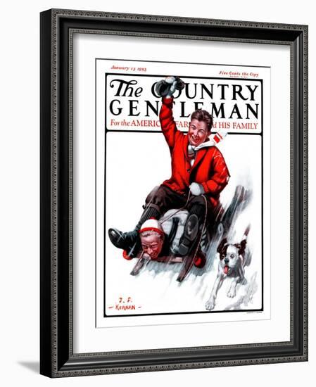 "Downhill on Sled," Country Gentleman Cover, January 13, 1923-J.F. Kernan-Framed Giclee Print