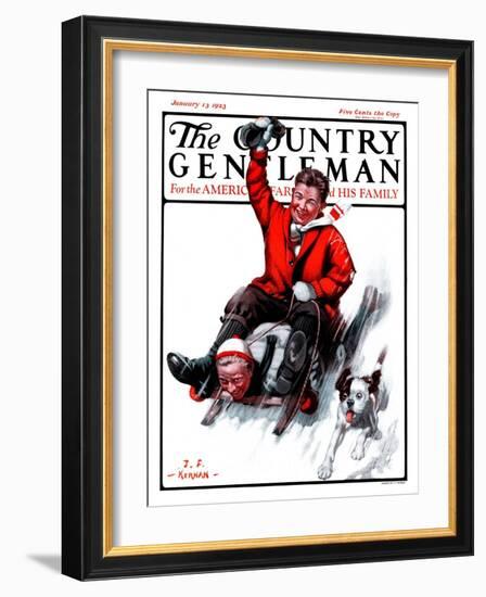 "Downhill on Sled," Country Gentleman Cover, January 13, 1923-J.F. Kernan-Framed Giclee Print