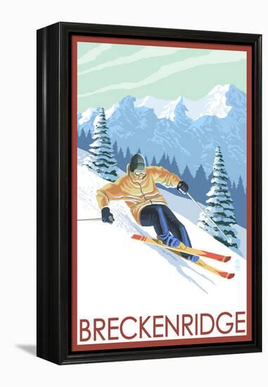 Downhill Skier - Breckenridge, Colorado-Lantern Press-Framed Stretched Canvas