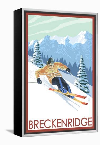 Downhill Skier - Breckenridge, Colorado-Lantern Press-Framed Stretched Canvas