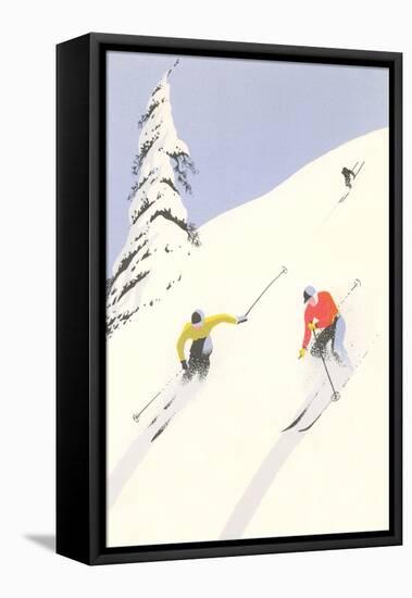 Downhill Skiers in Powder-null-Framed Stretched Canvas