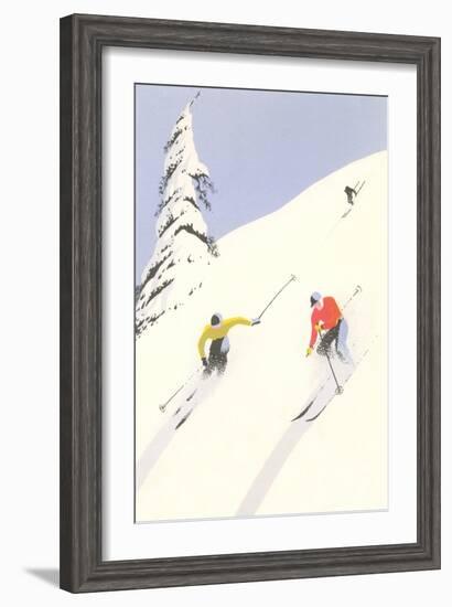 Downhill Skiers in Powder-null-Framed Art Print