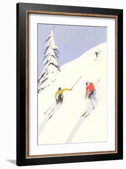 Downhill Skiers in Powder-null-Framed Art Print