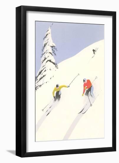 Downhill Skiers in Powder-null-Framed Art Print