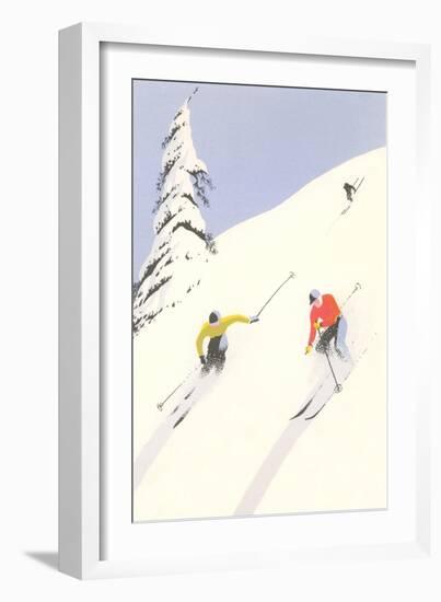 Downhill Skiers in Powder-null-Framed Art Print