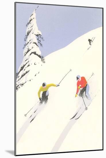 Downhill Skiers in Powder-null-Mounted Art Print