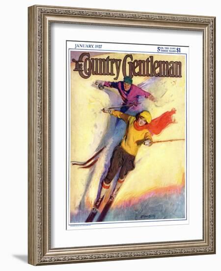 "Downhill Skiing," Country Gentleman Cover, January 1, 1927-McClelland Barclay-Framed Giclee Print
