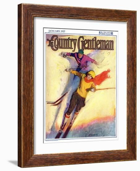 "Downhill Skiing," Country Gentleman Cover, January 1, 1927-McClelland Barclay-Framed Giclee Print