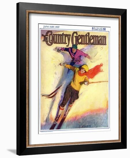 "Downhill Skiing," Country Gentleman Cover, January 1, 1927-McClelland Barclay-Framed Giclee Print