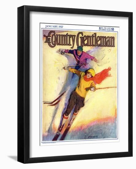 "Downhill Skiing," Country Gentleman Cover, January 1, 1927-McClelland Barclay-Framed Giclee Print