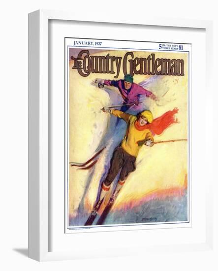 "Downhill Skiing," Country Gentleman Cover, January 1, 1927-McClelland Barclay-Framed Giclee Print