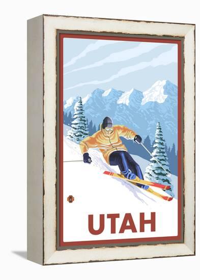 Downhill Snow Skier - Utah-Lantern Press-Framed Stretched Canvas