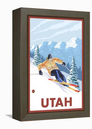 Downhill Snow Skier - Utah-Lantern Press-Framed Stretched Canvas