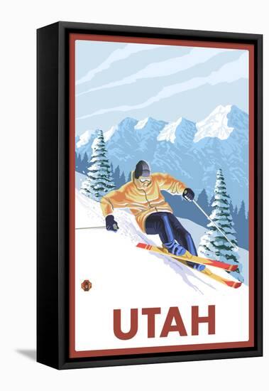 Downhill Snow Skier - Utah-Lantern Press-Framed Stretched Canvas