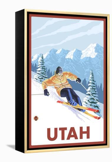 Downhill Snow Skier - Utah-Lantern Press-Framed Stretched Canvas