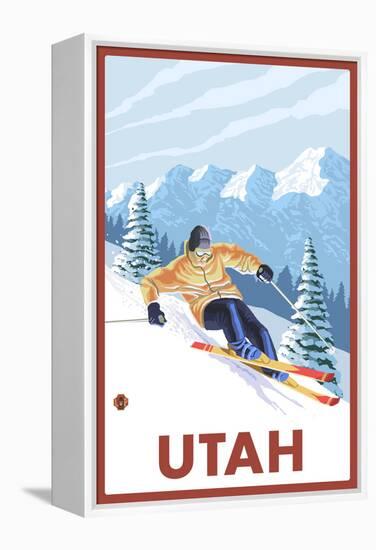 Downhill Snow Skier - Utah-Lantern Press-Framed Stretched Canvas