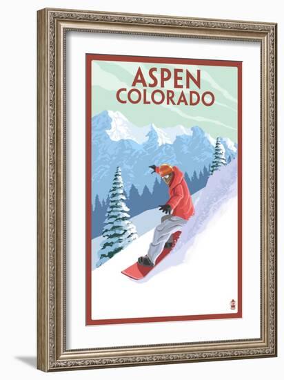 Downhill Snowboarder - Aspen, Colorado-Lantern Press-Framed Art Print