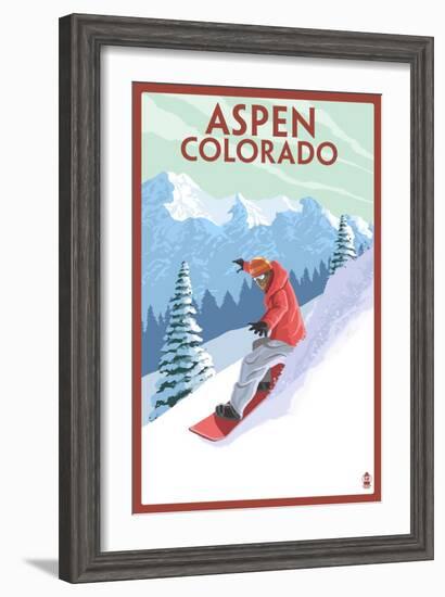 Downhill Snowboarder - Aspen, Colorado-Lantern Press-Framed Art Print